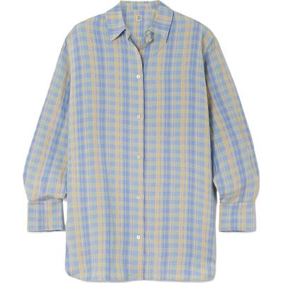 TOTEME 春夏女士宽松精致蓝绿黄色系格纹亚麻混纺衬衫