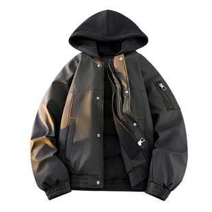 SHAPOES冬季男生美式连帽假两件羽绒服男士宽松休闲白鸭绒外套