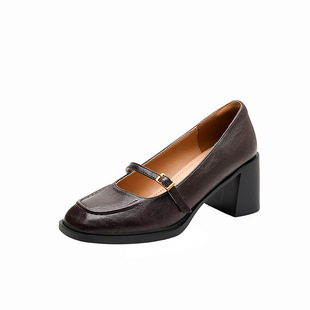 牛皮版~复古粗跟玛丽珍鞋女2026新款真皮方头时尚通勤浅口小皮鞋