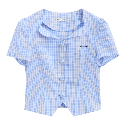 HERLIAN 2026年春夏新品半圆翻边蓝格小上衣女士短袖衬衫