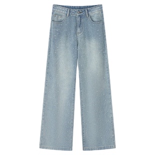 2026新款满天星爆闪带烫钻亮闪闪阔腿牛仔裤女高腰垂感满钻直筒裤