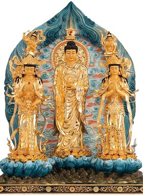 台湾纯铜鎏金西方三圣供奉站像