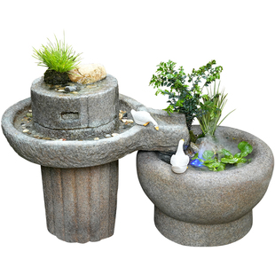 水磨坊中式庭院仿石磨流水景观网红小院布置造景鱼池花园装饰摆件