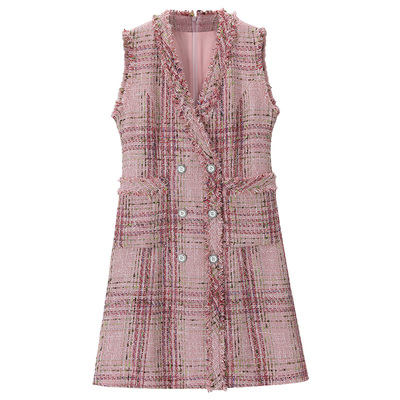 V领无袖花呢收腰连衣裙