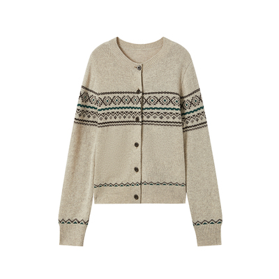 CROWNLESS未冕25秋冬新英式风格羊毛复古撞色费尔岛提花圆领开衫