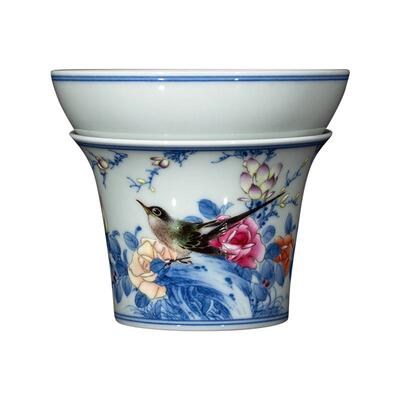 钟家窑青花斗彩花鸟茶滤