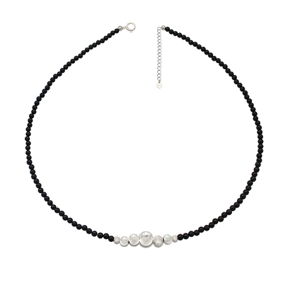 鹿尔纯银黑玛瑙拉丝银球锁骨链