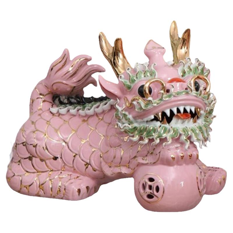 新中式手绘粉红色陶瓷麒麟一对招财摆件高级艺术家居玄关软装饰品