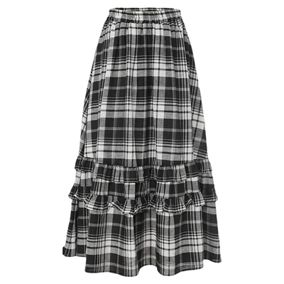 MOUSSY秋季新品复古文艺格纹荷叶边长款半身裙女028IAA31-1022