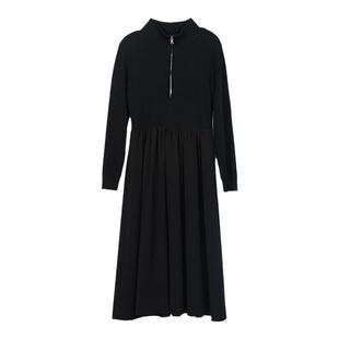诗梦女装藏青拉链立领收腰拼接羊毛针织长裙法式设计感腰带A字裙