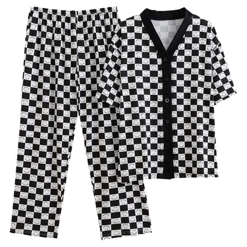 女纯棉格子V领睡衣家居服