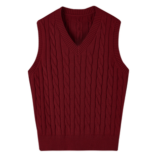 【圣诞新年特辑】CULTUM绞花针织V领红背心男士复古叠穿马甲毛衣