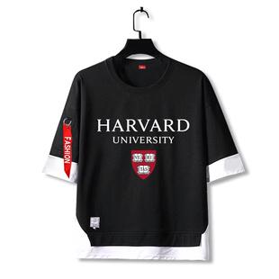 哈佛大学牛津密歇根剑桥大学假两件短袖t恤衫男女儿童学生5五分袖