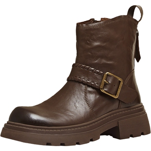 天美意复古厚底西部靴加绒时装靴女鞋子休闲短靴皮靴2025冬季新款