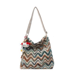 ins超火波浪纹托特包2024新款流行毛线针织布包大容量休闲单肩包