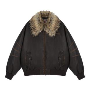 BJHG不计后果座山雕羽绒服男冬季撞色外套复古可拆毛领pu皮羽绒服