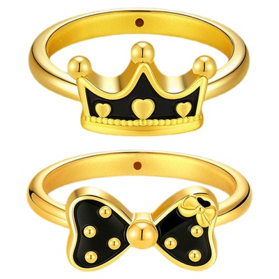 潮宏基甜酷皇冠蝴蝶结足金戒指黄金戒圈5D硬金显大珐琅生日礼物