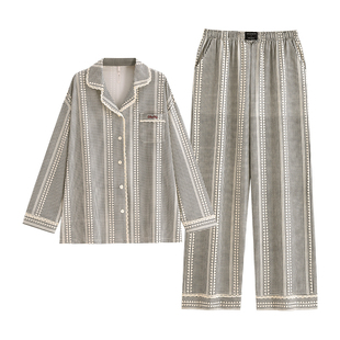 悦内睡衣女款春秋季纯棉长袖家居服大码复古流苏老钱风小格纹套装