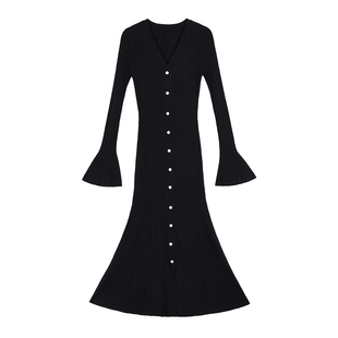 MULVAN 【现货7.5折】落日人鱼湾 优雅v领针织气质连衣裙长袖女