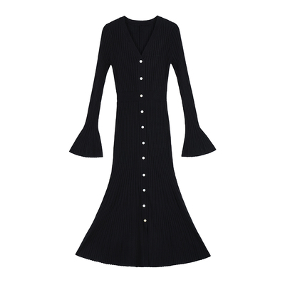 MULVAN 落日人鱼湾 优雅v领针织气质连衣裙长袖女修身包臀鱼尾裙