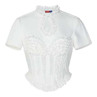 lefame拉飞姆荷叶边装饰闪钻修身短袖t恤上衣女