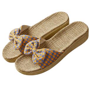 高跟蝴蝶结亚麻拖鞋女夏季家居室内厚底防滑家用坡跟凉拖鞋可外穿