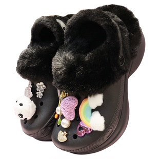 crocs暖棉洞洞鞋卡骆驰冬款女鞋鲸鱼BAE厚底加绒保暖拖鞋211753