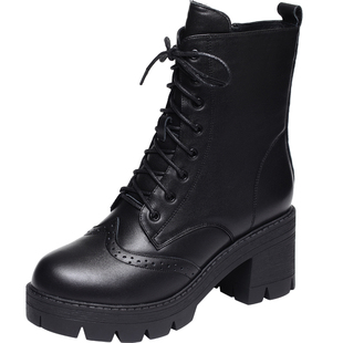 2025秋冬新款马丁靴女短靴真皮高跟靴子时尚棉鞋女款粗跟冬季女靴