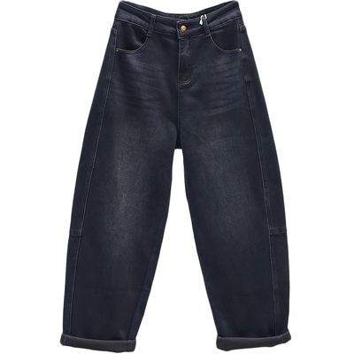 秋冬加厚牛仔裤女抓绒宽松老爹裤