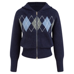 CIDER氛围感小众菱格纹针织上衣毛衣连帽拉链针织开衫114796967