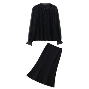 时尚套装2026春季新款女装刺绣气质木耳领衬衫半身裙两件套裙潮流