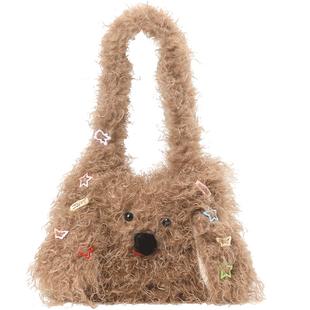 畹町炸毛小狗毛绒包女秋冬季慵懒卡通休闲百搭少女长毛手提单肩包