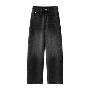 爆款满天星爆闪水钻黑色弯刀牛仔裤女2026春季新款加绒烫钻阔腿裤
