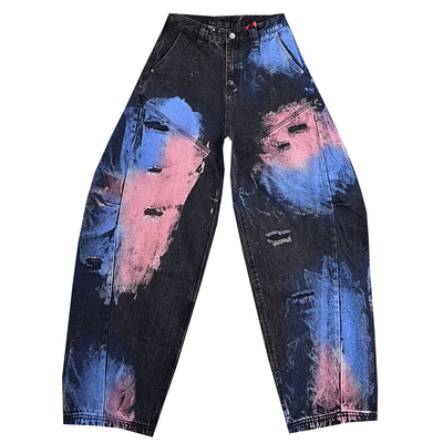 破洞补丁高质感牛仔裤男弯刀裤