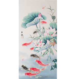 工笔画白描底稿线稿手勾可直接上色国画初学者素材四尺荷花九鲤鱼