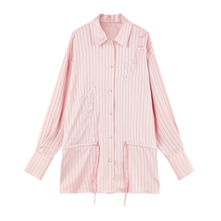 MISSCOCOON可可尼粉色长袖上衣女2025秋季新款缎感条纹衬衫外套