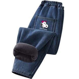 史努比儿童加绒牛仔裤子秋冬款2025新款冬季童装男女童加厚保暖