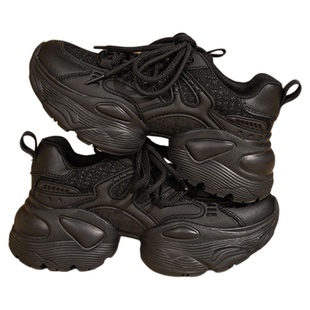 达芙妮黑色老爹鞋女款2025新款爆款秋冬加绒休闲鞋厚底增高运动鞋