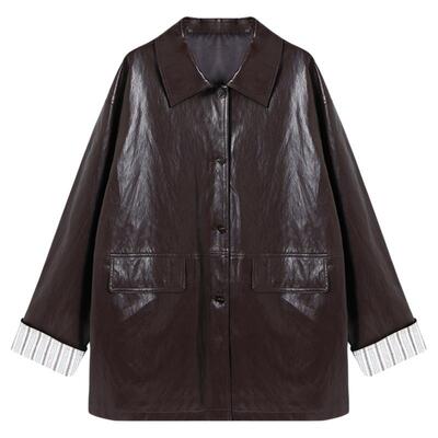 西町村屋韩系外套女装2025秋季新款简约休闲风宽松皮衣XHAC10165