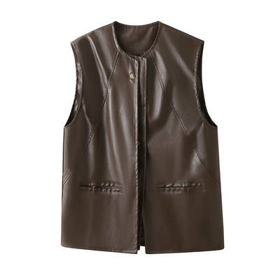 欧货老钱风pu皮衣马甲外套秋装洋气时髦叠穿外搭中长款马夹上衣潮