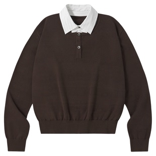 PSO Brand 女装撞色条纹POLO领假两件针织衫毛衣百搭秋季上衣冬