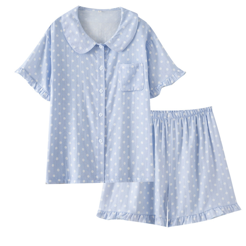 甜美娃娃领波点睡衣女春夏季纯棉双层纱布短袖短裤夏天家居服套装