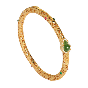 花丝祥云葫芦和田玉碧玉纯银金镶玉古法金新中式国风金包银手镯女