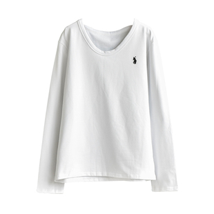 秋冬加绒加厚百搭U领休闲小马刺绣长袖T恤女打底衫宽松保暖上衣