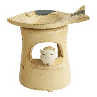 猫咪与鱼 日本进口手作粗陶茶香炉烤茶精油香薰炉茶道熏香摆件