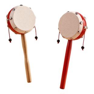 传统原木羊皮拨浪鼓可啃咬新生儿玩具老式手工婴儿铃铛宝宝哗啦棒