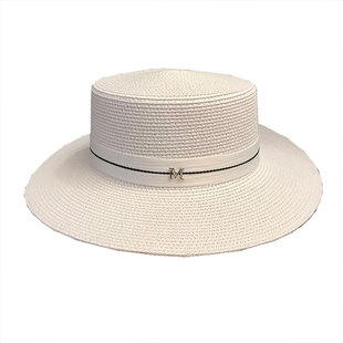 草帽女简约平顶字母优雅白色礼帽女英伦防晒海边度假遮阳帽子潮