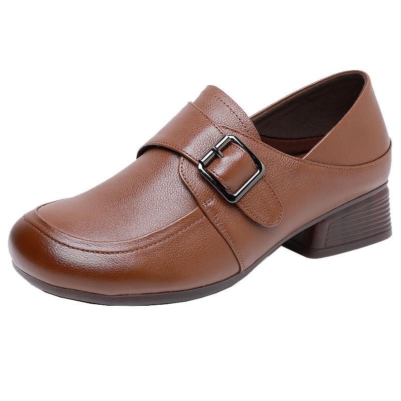 妈妈鞋真皮软底大码中跟牛筋底舒适复古真皮中老年春秋款休闲单鞋