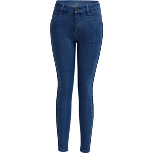 捷纯加绒牛仔裤女弹力高腰女士紧身小脚裤冬季镶钻九分裤