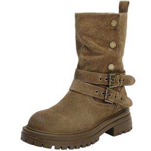 周雨彤同款百丽西部派对厚底牛仔西部靴女靴子棉鞋中筒靴B2824DZ5